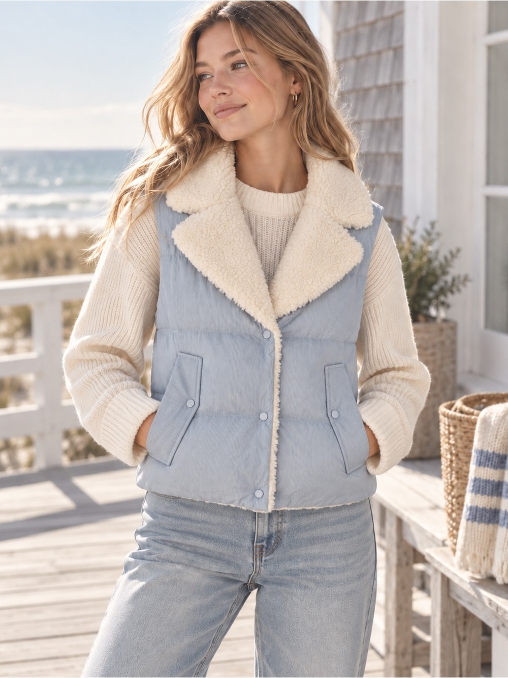 La Chapelle Light Blue Sherpa Collar Puffer Vest NWT Coastal Gorpcore